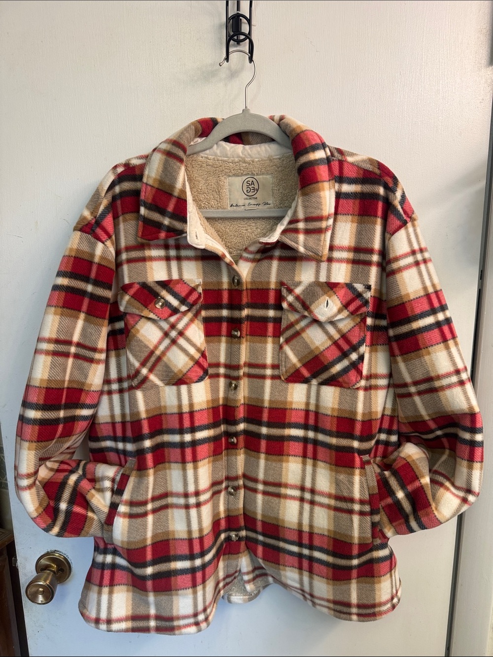 Sage Collective Red Plaid Sherpa-Lined Shacket Jacket